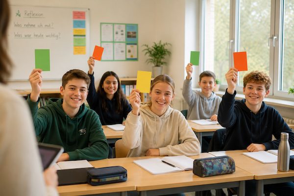 Schülerfeedback in der Schule: Die wichtigsten Methoden für wirksame Rückmeldungen 6 Schüler:innen halten farbige Reflexionskarten hoch – einfache Methode für direktes Schülerfeedback im Unterricht.