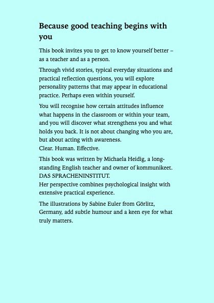 Back cover of “My Ego Is on Holiday”, describing a teacher self‑reflection book with stories, everyday school situations and practical reflection questions.