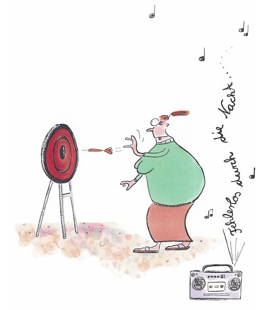 Illustration einer Person, die ein Dart auf eine Zielscheibe wirft – Symbol für Fehlerkultur und Selbstreflexion.