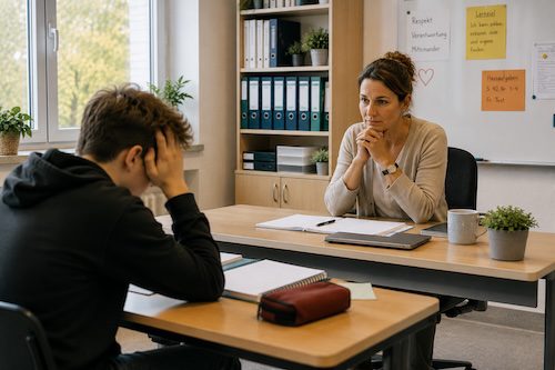 Lehrkraft im Gespräch mit einem Schüler – Reflexion, Kommunikation und pädagogische Beziehungsgestaltung.
