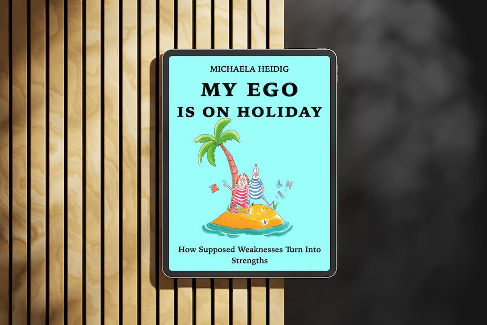 Styled eBook cover of “My Ego Is on Holiday”, a self‑reflection book for teachers focusing on emotional awareness, communication and soft skills.