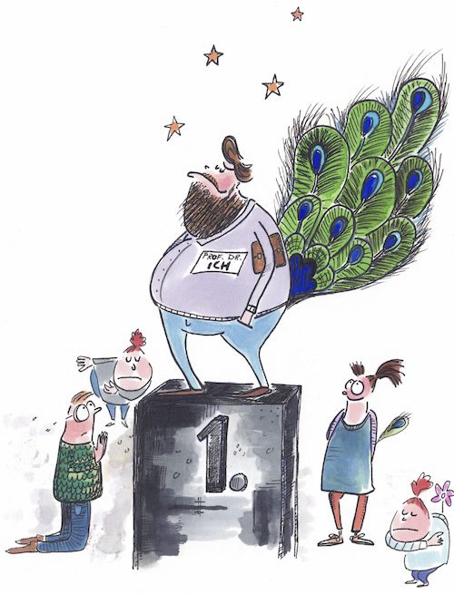Karikatur eines überhöhten Ego-Musters bei Lehrkräften, dargestellt als Pfau auf einem Podest.