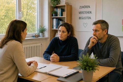 Selbstreflexion für Lehrer - Lehrkraft im Gespräch mit Eltern – typische Situation, die innere Muster aktiviert.