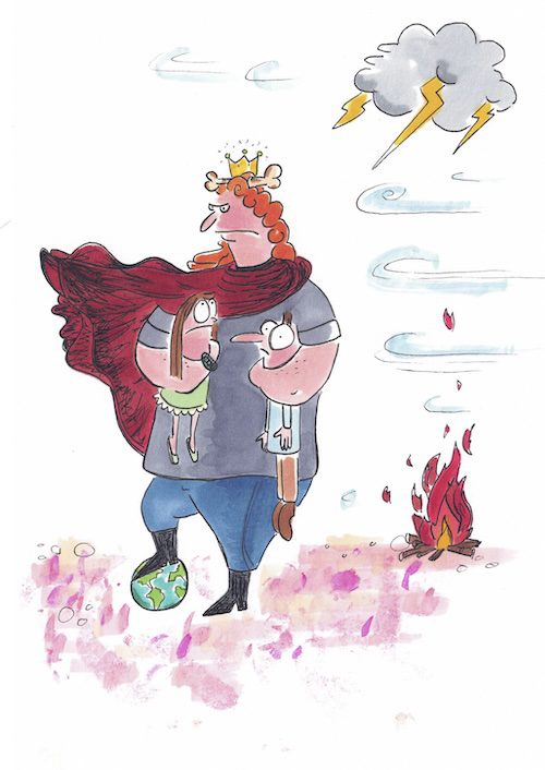 Illustration einer starken Figur mit Krone, die zwei Menschen schützt – Symbol für Selbstführung und Klarheit im Lehrerberuf.