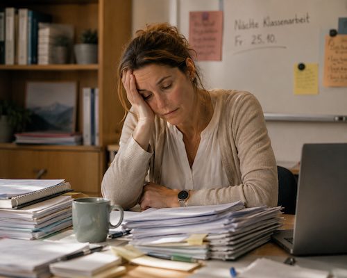 Lehrkraft am Schreibtisch mit vielen Unterlagen – Symbol für Überlastung.