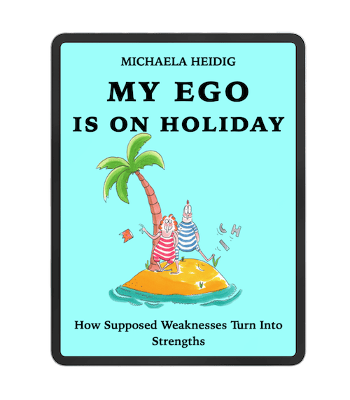 Digital mockup of the self‑reflection book for teachers “My Ego Is on Holiday” displayed on a tablet.