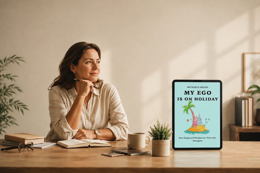Teacher reflecting at a desk with the eBook “My Ego Is on Holiday” displayed on a tablet – self‑reflection book for teachers.