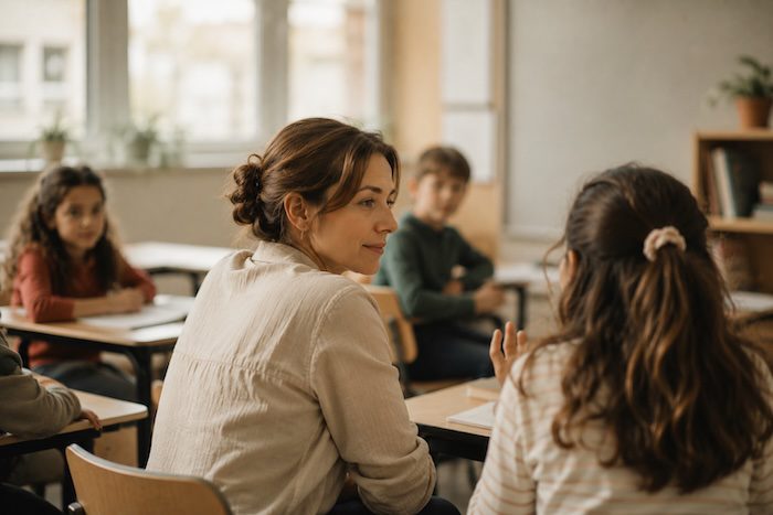 Teacher interacting with a student in a bright classroom, symbolising communication, empathy and self‑reflection in teaching.