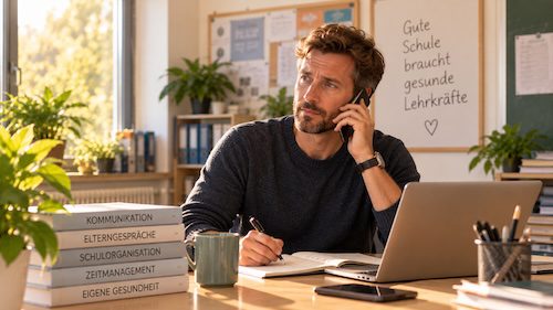 Lehrkraft führt ein ruhiges Gespräch mit Eltern am Telefon