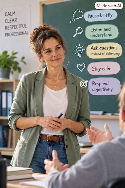 A teacher remains calm and attentive during a difficult conversation