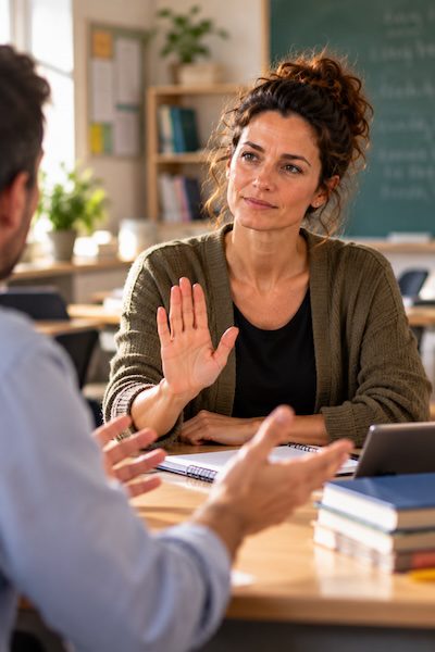 Kritik nicht persönlich nehmen als Lehrer:in – gelassener mit Kritik umgehen 5 Lehrerin setzt in einem kritischen Gespräch ruhig eine Grenze