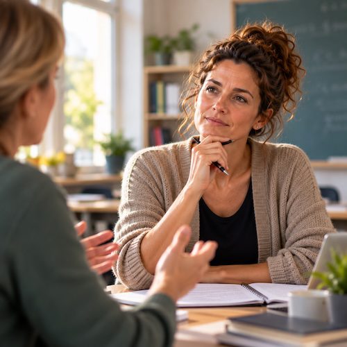 Kritik nicht persönlich nehmen als Lehrer:in – gelassener mit Kritik umgehen 7 Lehrerin hört Kritik zu und denkt über einen möglichen wahren Kern nach