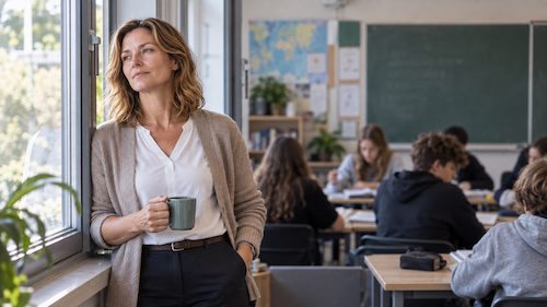 Lehrerin nimmt sich im Unterricht einen Moment zum Durchatmen