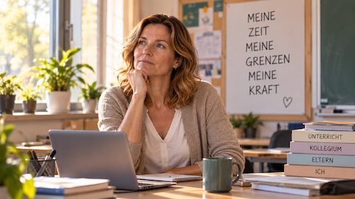 Lehrkraft mit vielen Aufgaben im Schulalltag