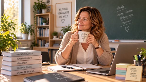Lehrerin reflektiert nach dem Unterricht entspannt ihren Tag