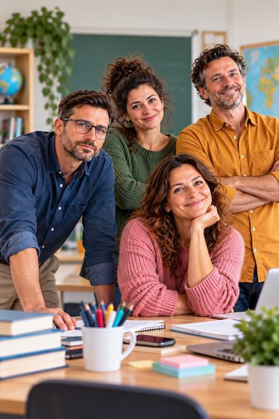 Persönlichkeitstest für Lehrer:innen – Welcher Lehrertyp bist du? 6 Vier Lehrkräfte mit unterschiedlichen Persönlichkeiten im Schulalltag