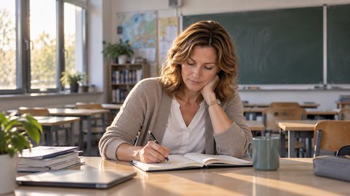 Lehrerin reflektiert nach dem Unterricht ihre Erfahrungen
