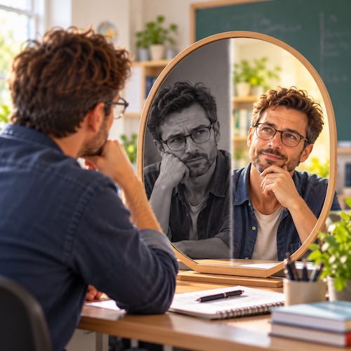 Kritik nicht persönlich nehmen als Lehrer:in – gelassener mit Kritik umgehen 15 Lehrer betrachtet sich im Spiegel und reflektiert sein eigenes Verhalten