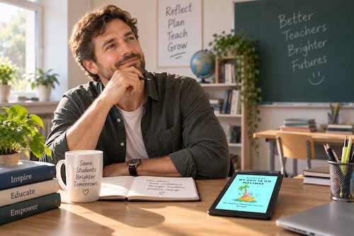 Teacher reflecting at his desk with the My Ego Is on Holiday eBook