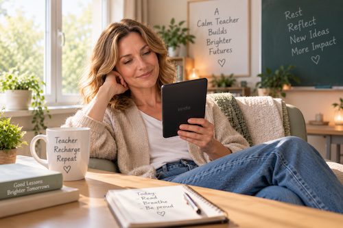 Teacher relaxing with an eBook about self-reflection and personal growth