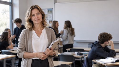 Lehrerin steht nachdenklich in einer unruhigen Schulklasse