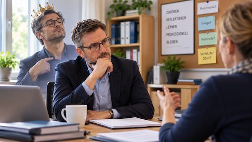 Schulleiter reflektiert während eines schwierigen Gesprächs seine eigene Reaktion