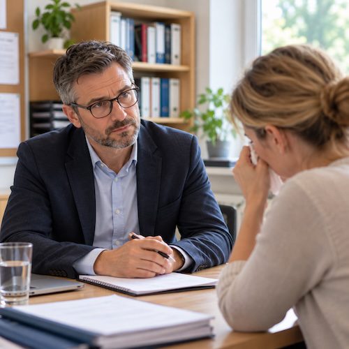 Männliche Schulleitung reagiert ruhig auf eine emotionale Lehrkraft