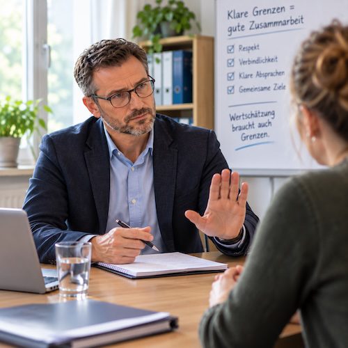 Schulleiter setzt während eines Mitarbeitergesprächs ruhig und bestimmt eine Grenze