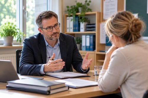Schulleiter spricht klar und respektvoll mit einer Lehrkraft im Büro