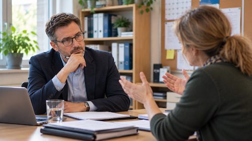 Schulleiter hört einer kritischen Rückmeldung einer Lehrkraft aufmerksam zu