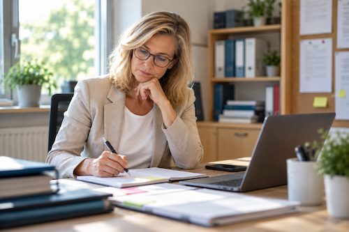 Schulleitung bereitet sich am Schreibtisch auf ein Mitarbeitergespräch vor