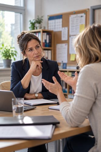 Lehrkraft rechtfertigt sich in einem Gespräch gegenüber der Schulleitung