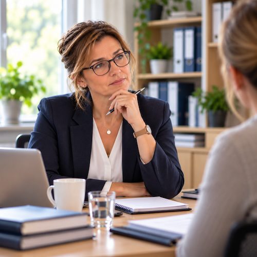 Schulleiterin reflektiert nach einem Mitarbeitergespräch ihr eigenes Verhalten